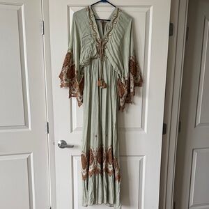 Embroidered Sage Green Maxi Dress with Brown Accents